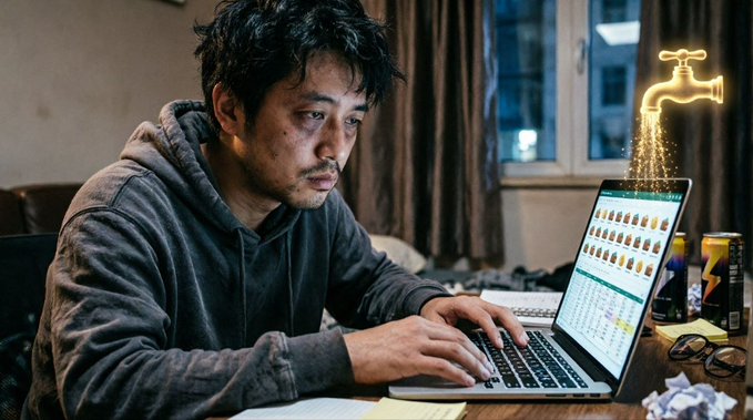 A man with dark, messy hair and a scruffy beard sits in a dimly lit room wearing a gray hoodie, staring intently at a laptop screen displaying what appears to be a spreadsheet or list, with a glowing faucet illustration leaking coins above the laptop symbolizing the elusive crypto airdrop rewards he spent months farming.
