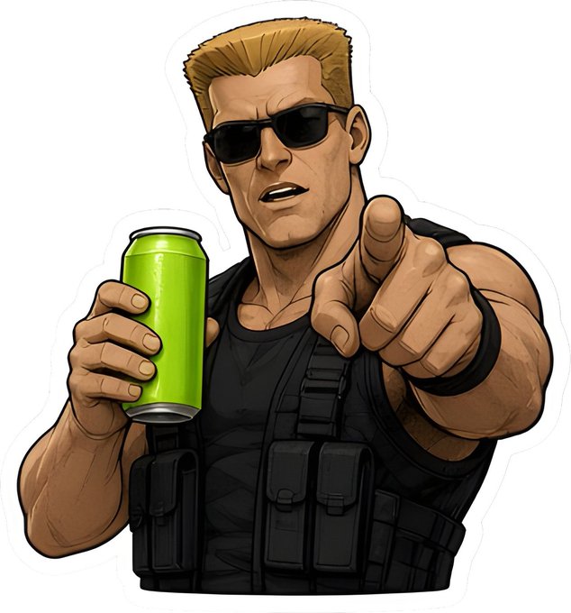 A stylized cartoon illustration of a muscular man in a black tactical vest and sunglasses, holding a green energy drink can and pointing forward.