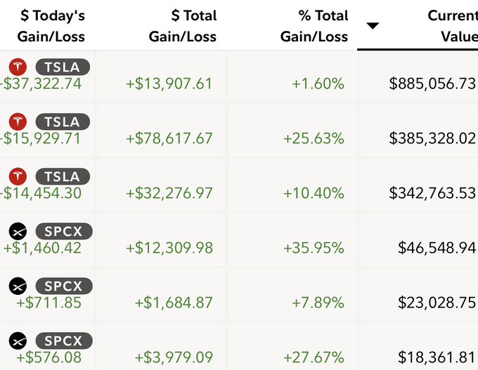 A financial portfolio spreadsheet displays significant positive returns, with the top entry showing a '$37,322.74' gain for 'TSLA' yielding a '+25.63%' total gain on a current value of '$385,328.02'.