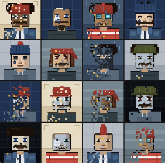 A 4x4 grid displays sixteen different pixel art portrait avatars, each featuring characters with various hats (red caps, beanies), facial hair, and different skin tones in a lo-fi retro style.