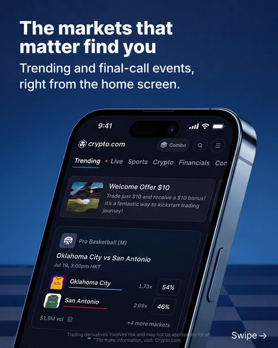 A promotional advertisement for the crypto.com app featuring the tagline 'The markets that matter find you - Trending and final-call events, right from the home screen,' showing a smartphone displaying live sports markets including an Oklahoma City vs San Antonio basketball game.