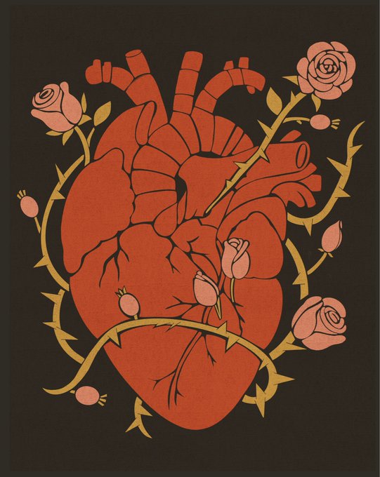 A stylized illustration of an anatomical heart in red, wrapped in golden thorny vines and surrounded by pink roses and rosebuds against a black background.