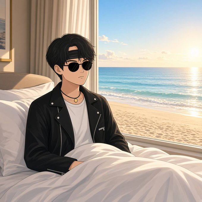 An anime-style illustration of a young man with black hair, sunglasses, and a black leather jacket sitting in bed by a large window overlooking a sunny beach and ocean.