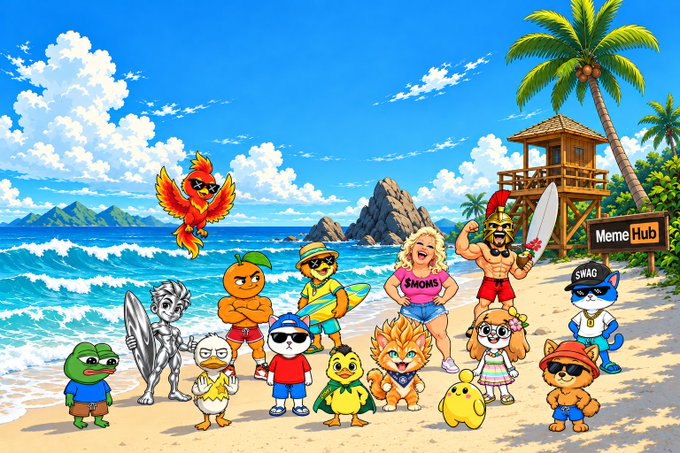 A colorful group of cartoon meme characters, including figures labeled "SMON," "SWAG," and a "MemeHub" sign, pose together on a sunny tropical beach with palm trees, a lifeguard tower, and ocean waves. The laid-back, friendly gathering captures the welcoming "GM frens" vibe, embodying a relaxed community greeting in a vibrant Web3 meme style.