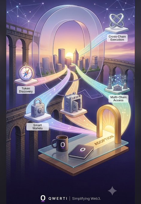 A stylized Web3 promotional graphic for 'QWERTI' with the tagline 'Simplifying Web3,' showing interconnected features like Token Discovery, Smart Wallets, Cross-Chain Execution, and Multi-Chain Access.