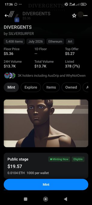Mobile screenshot of the 'DIVERGENTS' NFT collection page showing 5,408 items, a floor price of $5.36, and 3K holders, with a public stage mint available at $19.57.