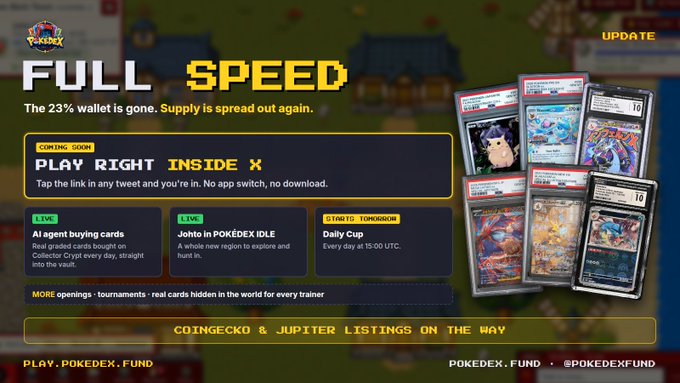 A promotional graphic for "FULL SPEED" Pokedex features trading cards and announces "PLAY RIGHT INSIDE X" for a Pokédex IDLE live event, mentioning upcoming listings on COINGECKO & JUPITER.