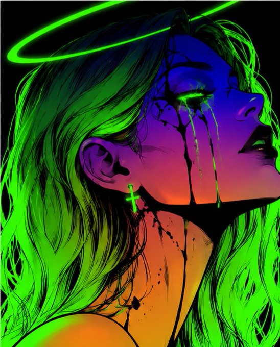 A vibrant neon-colored digital illustration of a woman with green hair and a halo, crying black tears and wearing a cross earring.