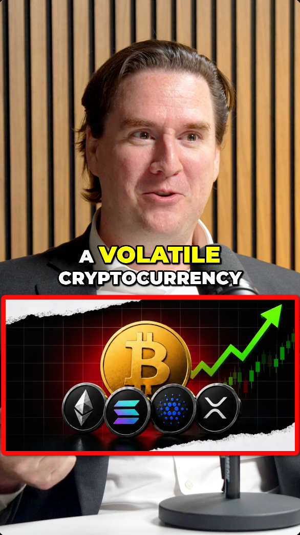 A man in a suit speaks in front of a wooden slat background, with a graphic overlay reading "A VOLATILE CRYPTOCURRENCY" above logos for Bitcoin, Ethereum, Solana, Cardano, and XRP alongside a rising green chart arrow, illustrating the video's discussion on whether altcoins like Ethereum will decouple from Bitcoin.