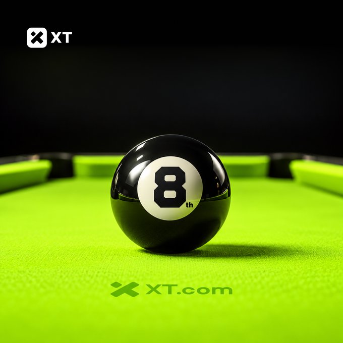 A glossy black billiard 8-ball sits on a vibrant green pool table, marked with "8th" in place of the typical number, accompanied by the "XT" logo in the top left and "XT.com" watermarked below—celebrating XT's 8th anniversary in the crypto industry and teasing what's "NeXT" for the exchange.