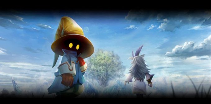 An animated scene featuring a Black mage character in a yellow wizard hat and white/blue robe alongside a white-haired character with bunny ears, standing in a misty landscape with a glowing tree in the background.
