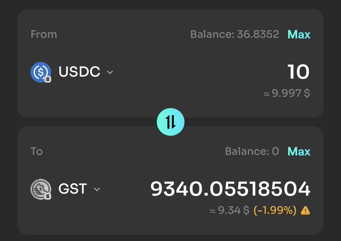 A crypto swap interface showing an exchange of 10 USDC (Balance: 36.8352) for 9340.05518504 GST (≈9.34$, down 1.99%), with a swap arrow between them.