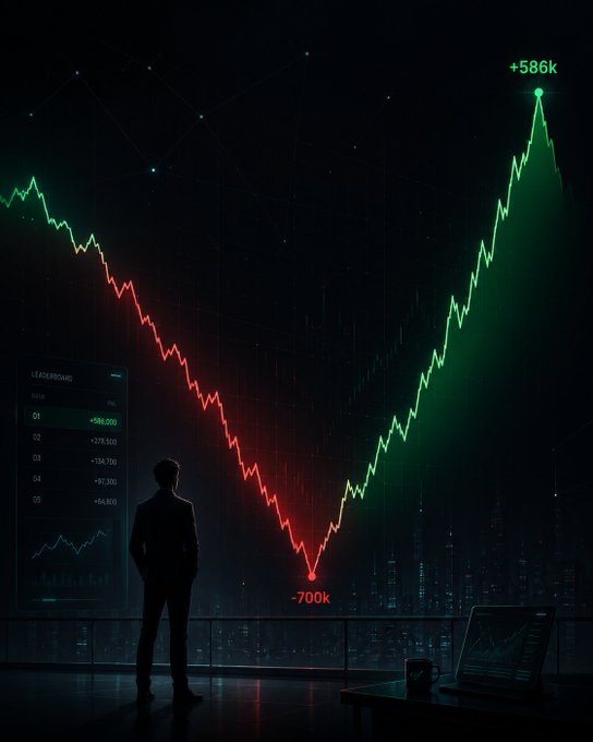 A trader stands silhouetted before a massive chart depicting a brutal V-shaped journey: a red descent to a low of **-700k** followed by a green recovery to **+586k**, with a leaderboard on the left listing rankings and P&L figures (+586,000, +275,500, etc.). The image visually mirrors the post's message — the true test in prediction markets isn't the peak profit but surviving the devastating drawdown with enough capital and risk management to claw back.