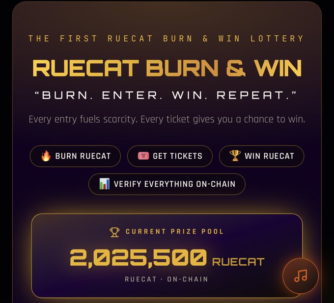 Promotional graphic for “RUECAT BURN & WIN,” reading “BURN. ENTER. WIN. REPEAT.” and listing “CURRENT PRIZE POOL: 2,025,500 RUECAT.”
