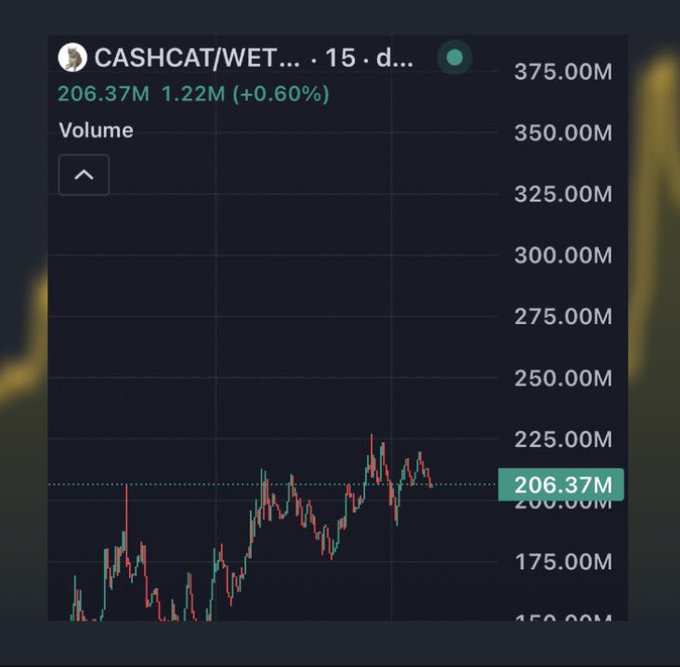 A financial trading chart showing a candlestick graph for 'CASHCAT/WET' with volume at 206.37M and a price of 1.22M (+0.60%).