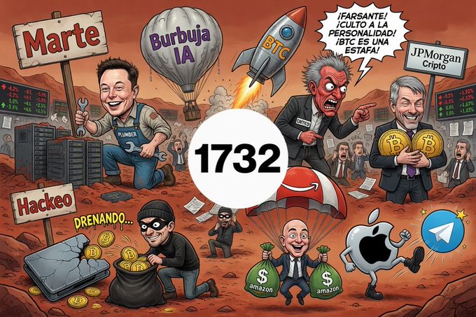 A colorful cartoon illustration depicting various tech and finance figures (including Elon Musk on Mars labeled 'Marte') with Bitcoin rockets, 'BTC' balloons, hacking references, and text including 'Burbuja IA', 'Hackeo', and 'JPMorgan Cripto', with '1732' in the center.