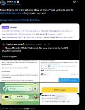 A social media post by user "brakie" (brakie.eth) reporting that transactions were traced to @CaroOnPolymarket's wallet after a Choice Markets scam, accompanied by screenshots of blockchain transaction details showing deposits and a withdrawal interface, illustrating the aftermath of the alleged 5k USD scam by the Polymarket affiliate.