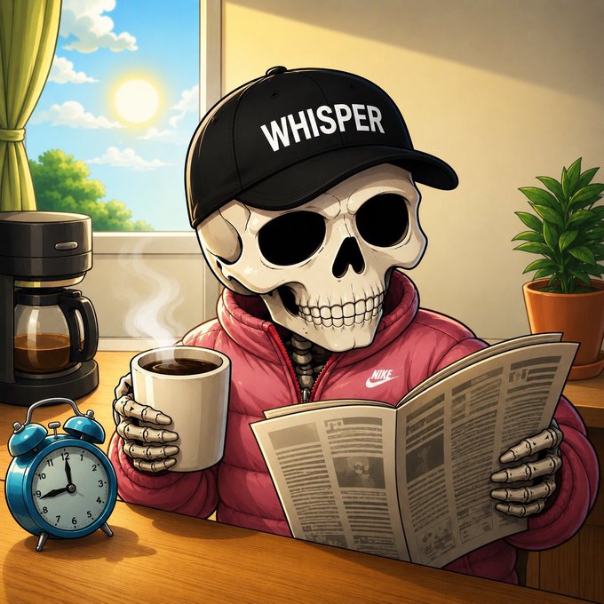 The image features a cartoon illustration of a skeleton wearing a hat with the word "Whisper" written on it, sitting at a desk and reading a newspaper while holding a cup of coffee. The scene includes elements such as an alarm clock, a potted plant, and a window that allows natural light to enter the room. The post seems to be promoting a product or service related to the cartoon illustration, possibly a coffee maker with a built-in alarm clock feature designed for cartoon characters.