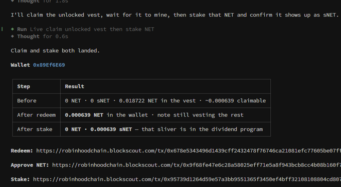 A screenshot of an AI assistant's response confirming a successful claim and stake of 0.000639 NET (now appearing as sNET) on the Robinhood chain via wallet 0x89Ef6E69, with links to the redeem, approve, and stake transactions—demonstrating a working integration for managing NetNetCap $NET shares that AIWayfinder plans to publish soon.
