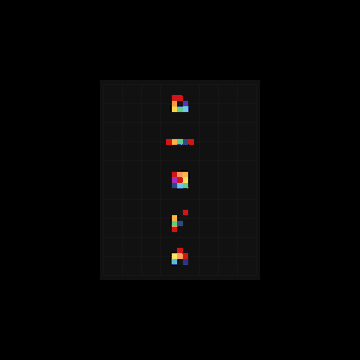A dark digital interface displays pixelated Tetris-like shapes in red, blue, green, and yellow arranged vertically on a grid.