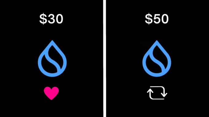 The image shows a graphic with two separate symbols, a heart and a blue water drop, placed side by side against a black background. The text above each symbol states "It's been a tough week for @SuiNetwork; now it's time to relax this weekend and always have great faith in the ecosystem!". The text below the symbols reads "$30 $50". The image is designed to promote a product or service, possibly related to technology or online businesses.