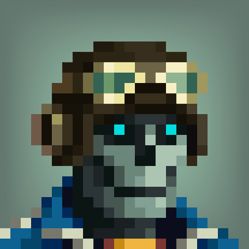 A pixel-art portrait of a bearded man wearing green-tinted goggles and a blue shirt against a teal background.