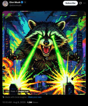 A Twitter post from Elon Musk (@elonmusk) featuring a stylized, colorful digital artwork of a raccoon with glowing green laser eyes shooting from a cityscape.