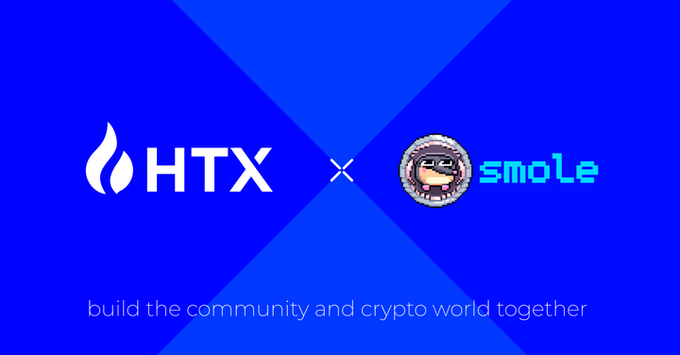 The image displays a promotional banner featuring the logos of HTX and SMOLE (depicted as a pixel-art character) with the tagline "build the community and crypto world together," visually announcing a partnership between the HTX exchange and the $SMOLE meme token referenced in the post.
