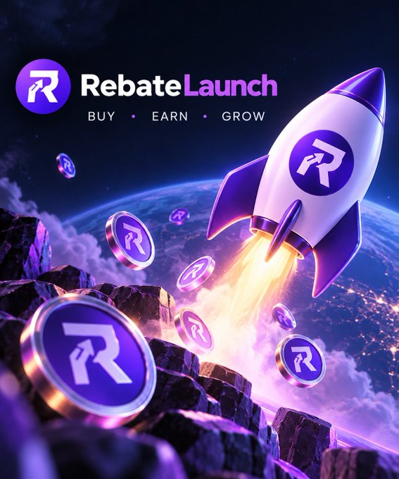 An identical promotional graphic for 'RebateLaunch' featuring a rocket ship lifting off from Earth surrounded by floating purple coins with an 'R' logo, with the tagline 'BUY • EARN • GROW'.