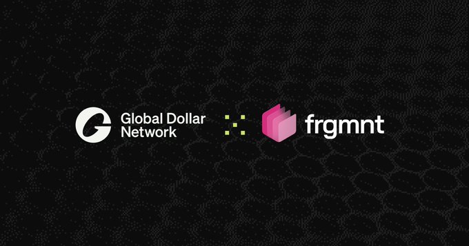 A black graphic displays two logos side by side: 'Global Dollar Network' on the left and 'frgmnt' with a pink geometric icon on the right, separated by a green dot pattern.