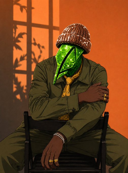 A stylized illustration of a person sitting in a chair wearing a green jacket, yellow tie, and a brown beanie, with a glowing green sequined bird mask covering their face, set against an orange wall with plant shadows.