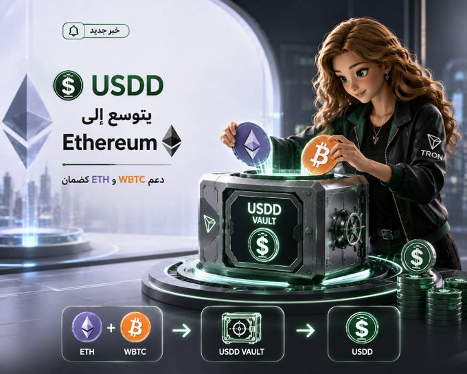 The image is a promotional graphic featuring a stylized illustration of a woman placing Ethereum (ETH) and Bitcoin (WBTC) coins into a futuristic vault labeled "USDD VAULT," announcing the expansion of USDD to the Ethereum network. The bottom flow diagram visually explains the process: deposit ETH + WBTC into the USDD Vault to mint USDD, aligning with the post's announcement of USDD's wider use via Ethereum-based collateral support.