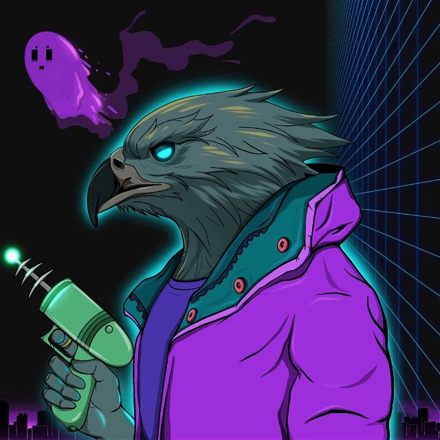 A digital illustration of an anthropomorphic eagle/owl character in a purple jacket holding a glowing green ray gun, with a purple ghost floating beside it against a neon city skyline.