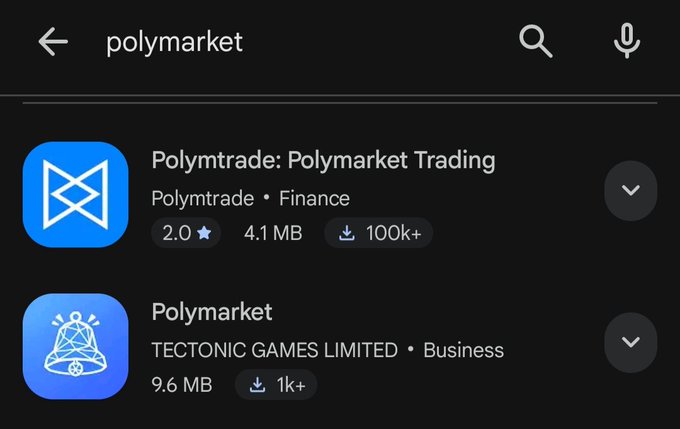 A mobile app store search results page for "polymarket" showing Polymtrade and the official Polymarket app.