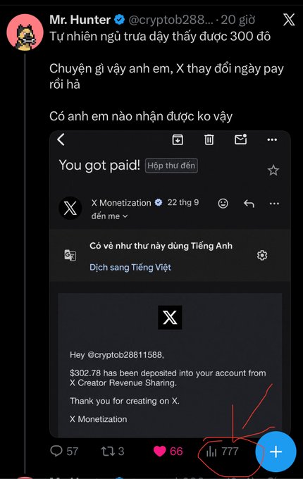 A screenshot of an X (Twitter) post from Mr. Hunter (@cryptob2881) showing a payout notification of $302.78 from X Creator Revenue Sharing, with Vietnamese text and handwritten red annotations.