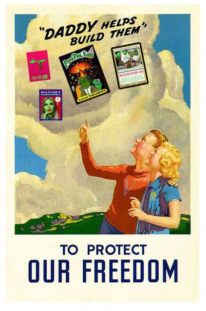 Vintage-style propaganda poster showing a father and daughter looking up at clouds displaying images of a grenade, 'Pepe the King' video game, and other media, with text 'DADDY HELPS BUILD THEM' at top and 'TO PROTECT OUR FREEDOM' at bottom.