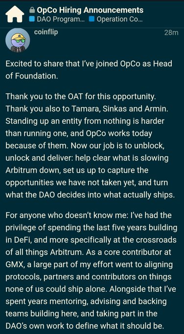 A Discord announcement from 'coinflip' in the OpCo Hiring Announcements channel, sharing that he has joined OpCo as Head of Foundation, thanking OAT, Tamara, Sinkas, and Armin.
