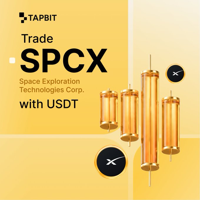 A promotional graphic for Tapbit advertising trading of SPCX (Space Exploration Technologies Corp.) with USDT, featuring gold candlestick chart imagery on a yellow background.