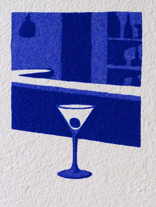 A stylized blue and white illustration depicts a martini glass with an olive in front of a bar setting, rendered in a grainy, textured art style.