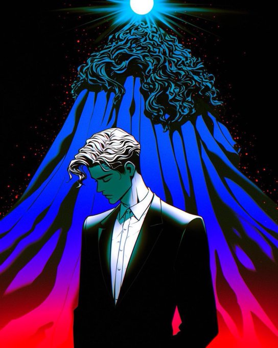 A stylized illustration shows a man in a black suit with his head bowed, standing before a flowing waterfall of blue and pink hues beneath a bright celestial body, with dark tendrils emerging from the water.