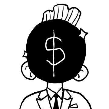 A black and white cartoon illustration of a man in a suit with a large black circle covering his face, featuring a dollar sign drawn in white on the circle.