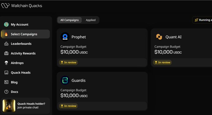 The image presents a detailed view of the top-down layout of the Wallchain Quicks site, which shows a list of three high-quality campaigns currently running, each with a total pool value of $30k. The projects being offered include services like Prophet and Guardis for Quant AI, among others. The post provides information about how to manage these funds through the Wallchain App, suggesting that a buyer can choose their desired campaign and pay up to four posts depending on the price they opt for. The funds have already been escrowed by Wallchain, ensuring secure transactions between buyers and sellers.