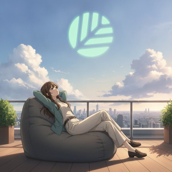 Anime-style illustration of a girl relaxing on a beanbag chair on a balcony overlooking a city, gazing up at a glowing logo in the sky.