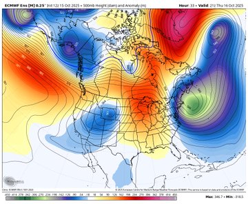 An ECMWF weather forecast map of North America showing 500mb Height (dam) and Anomaly (m), dated ZT12 Thu 16 Oct 2025.