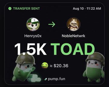 The image shows a "TRANSFER SENT" notification dated Aug 10 at 11:22 AM, displaying a 1.5K $TOAD transfer from Henrys0x to NobleNetrork, valued at approximately $20.36, with the source being pump.fun. This aligns with the accompanying post about sending out the first couple of airdrops to recipients, with cartoon frog characters in military helmets framing the transaction.
