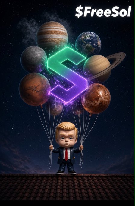 A cartoon caricature of Donald Trump stands on a rooftop holding balloons shaped like planets (Jupiter, Saturn, Mars, Earth), with a neon Solana logo in the center and text reading '$FreeSol'.