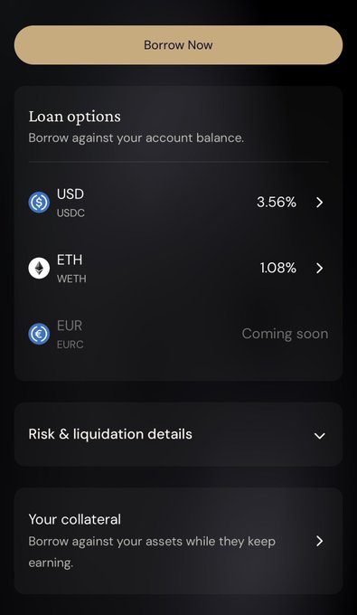 The image displays the EtherFi Borrow interface showing loan options including USD (USDC) at 3.56%, ETH (WETH) at 1.08%, and EUR (EURC) coming soon, directly illustrating the post's message about borrowing against ETH holdings rather than selling them.