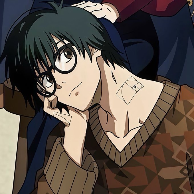 An anime-style illustration of a dark-haired young man with round glasses, wearing a brown patterned sweater, resting his head on his hand.