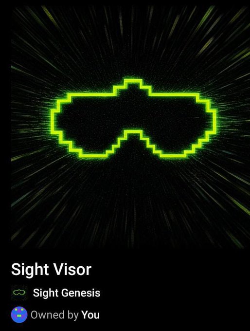 A pixelated green Batman visor graphic labeled 'Sight Visor' from 'Sight Genesis,' marked 'Owned by You'.