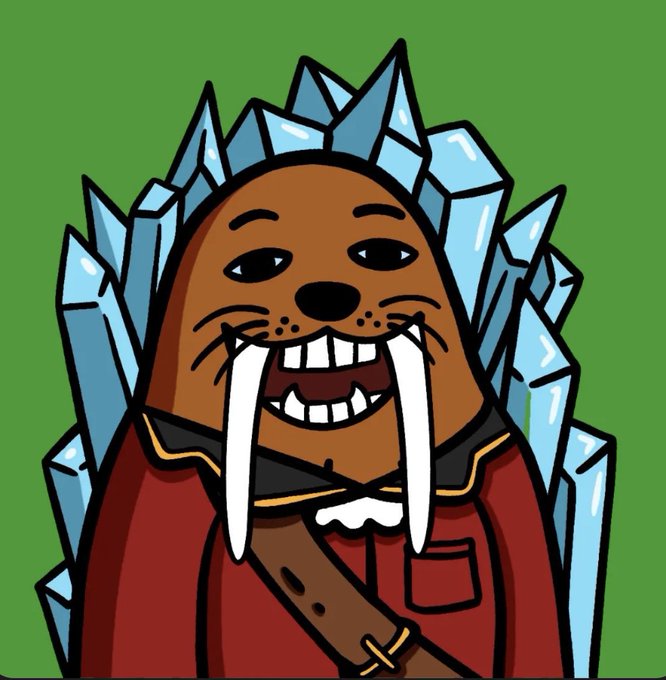 Cartoon illustration of a brown walrus character with large white tusks, wearing a red robe, seated on an ice throne made of blue crystals against a green background.